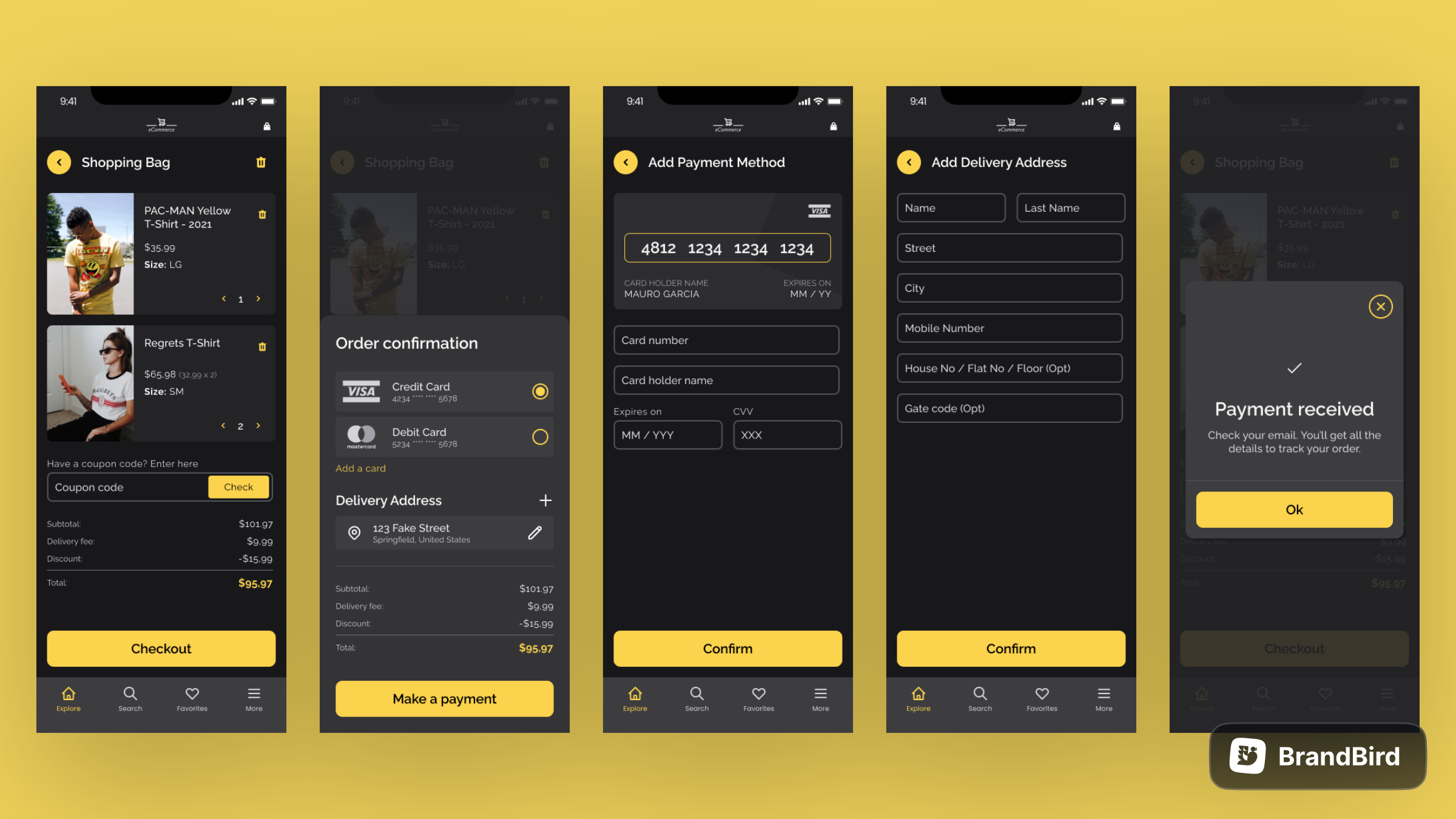 Checkout flow, including payment action sheet and 2 additional screens to add payment methods and delivery addresses