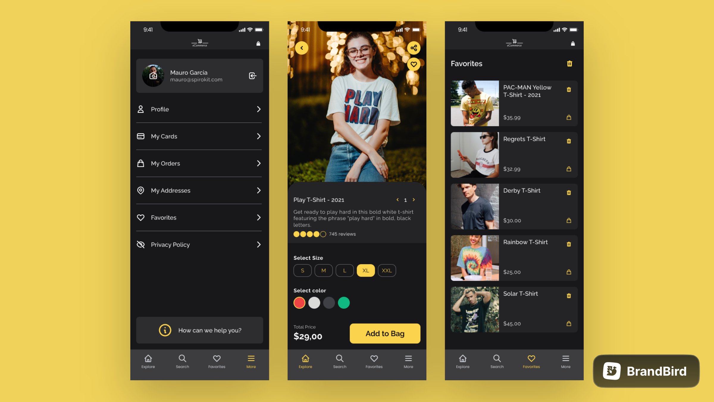 Detail screen with color and size selector, Profile screen, and Favorites screen